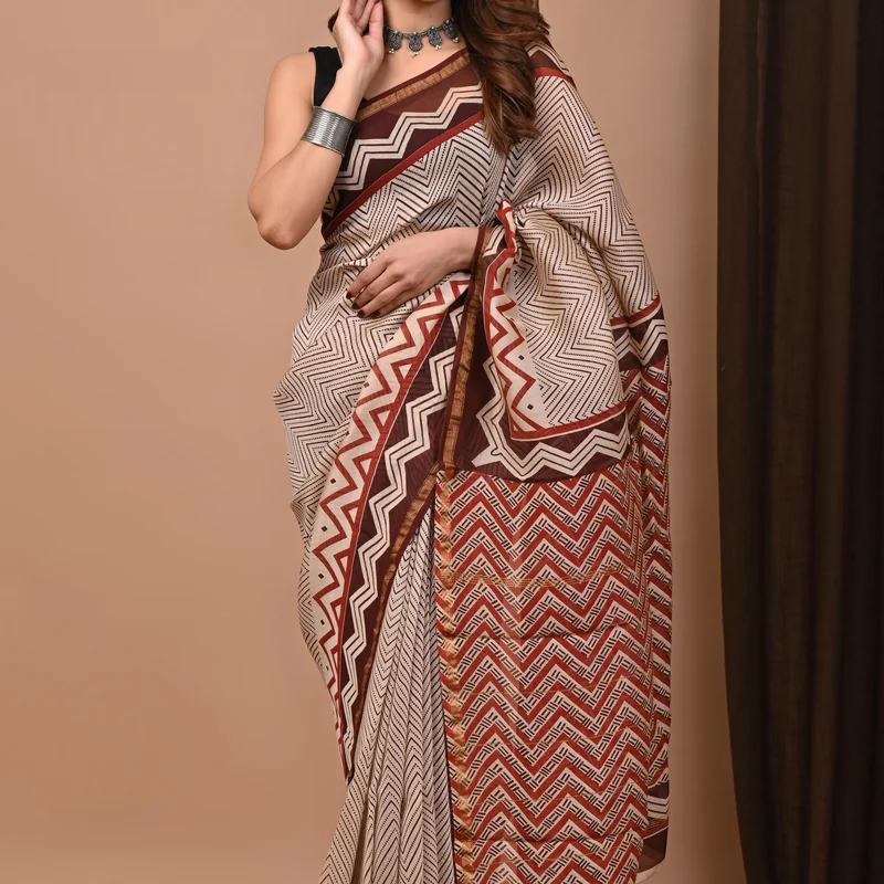 Jaipur Block Printed Chanderi Silk Saree With Blouse