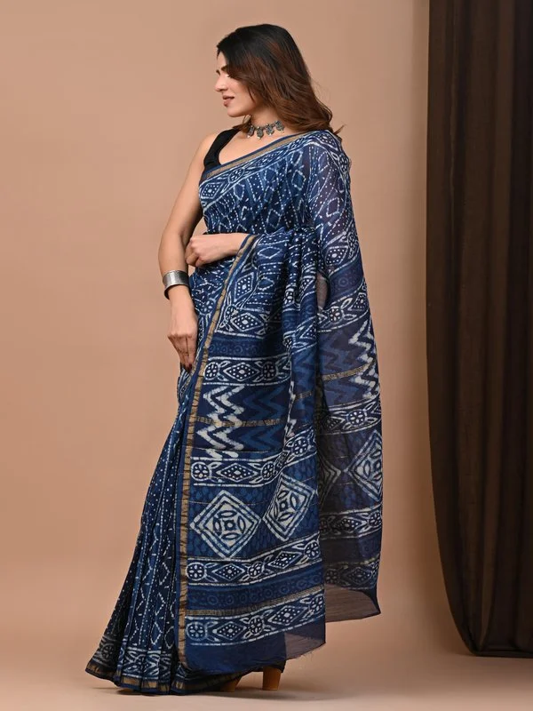 Block Printed Chanderi Silk Saree (Dabu Indigo Print)