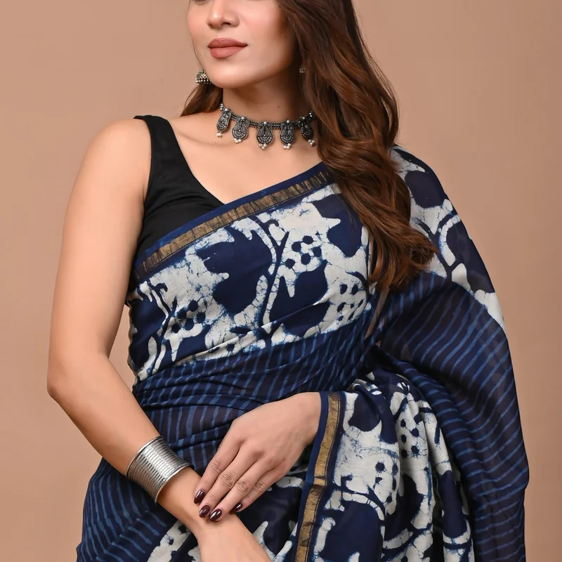 Dabu Indigo Print Chanderi Silk Saree With Blouse