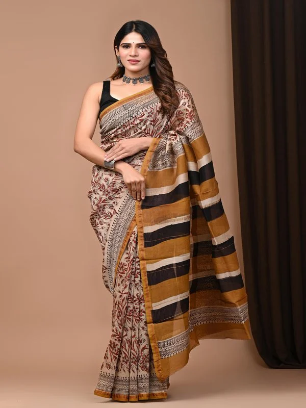 Traditional Rajasthani Chanderi Silk Saree- Bagru Print