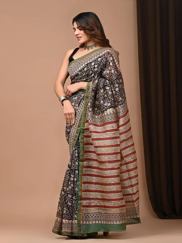 Block Printed Jaipuri Chanderi Silk Saree