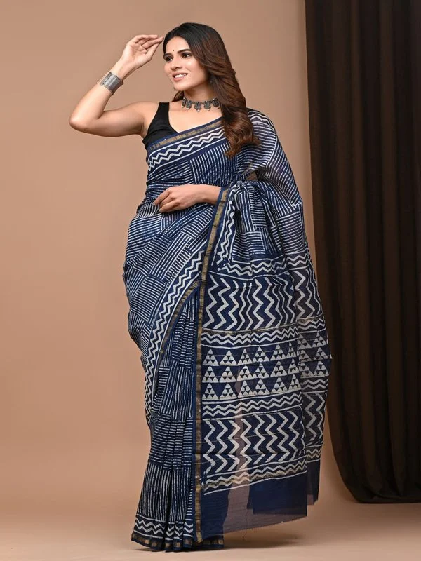 Dabu Indigo Print Chanderi Silk Saree