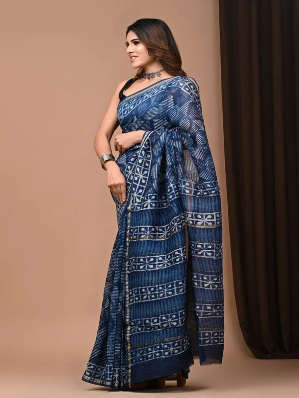 Timeless Indigo Dabu Print Chanderi Silk Saree