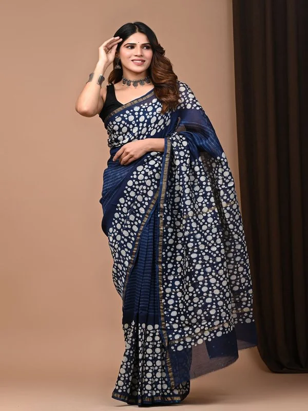 Traditional Indigo Dabu Print Chanderi Silk Saree