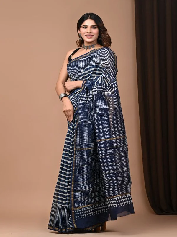 Traditional Indigo Print Chanderi Silk Saree