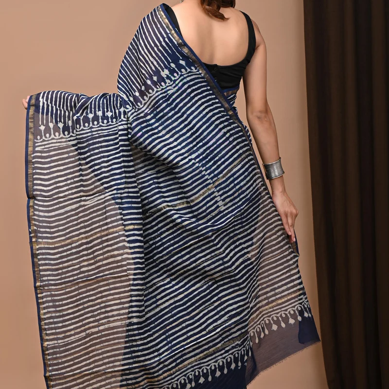 Classic Indigo Print Chanderi Silk Saree