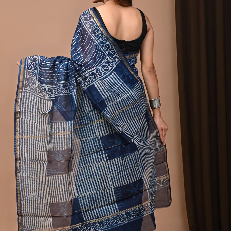 Timeless Indigo Dabu Print Chanderi Silk Saree