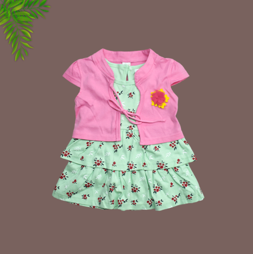 Juliet Half Sleeves Green Frock And Pink Shrug For New Born Baby Girls