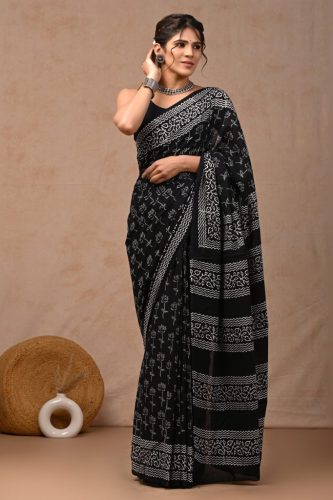 Black & White Block Printed Pure Cotton Mulmul Saree With Blouse