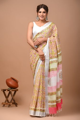 Crafts Moda Printed Cotton Linen Saree With Unstitched Blouse