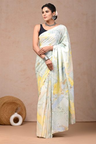 Marble Texture Printed Multicolour Pure Cotton Saree With Blouse