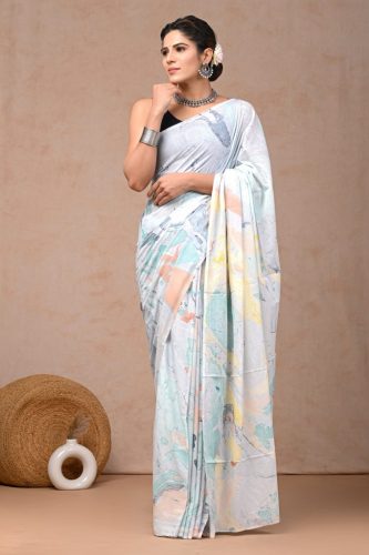 Marble Texture Printed Multicolour Pure Cotton Saree With Blouse