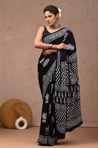 Black & White Block Printed Pure Cotton Mulmul Saree With Blouse