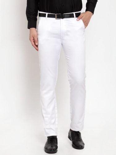 Jainish Men'S White Tapered Fit Formal Trousers