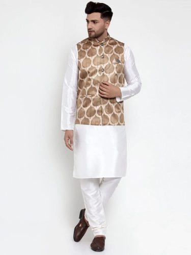 Jompers Men'S Solid Dupion Kurta Pajama With Printed Nehru Jacket