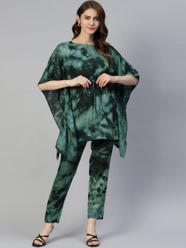 Women Olive Green Tie Dye Printed Rayon Kaftan Tunic With Trousers