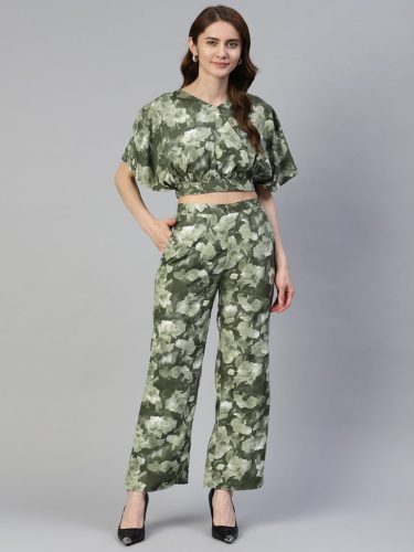 Women Olive Green Printed Crop Top With Palazzos