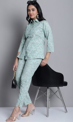 Women'S Lime Green Printed Shirt And Trouser Co-Ords Set