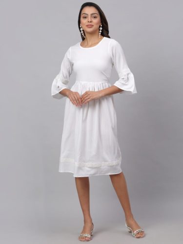 Women White Solid Fit & Flare Dress