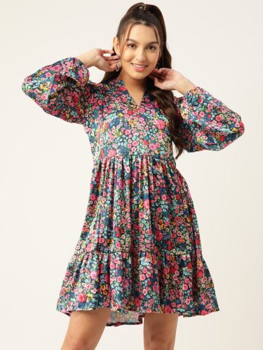 Women Blue & Pink Floral Printed Puff Sleeves Tiered Satin Dress