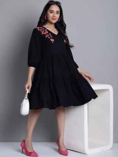 Women'S Black Floral Embroidered A-Line Dress