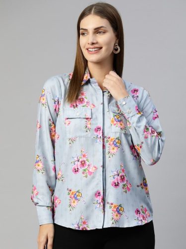 Women Floral Double Pocket Shirt Style Top