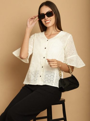 Embroidered Cotton V-Neck Top For Women
