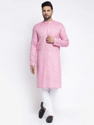 Jompers Men Pink & White Self Design Kurta With Pyjamas