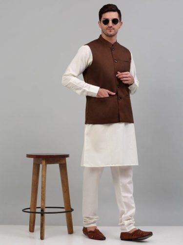 Men Nehru Jacket With White Kurta Pyjama.