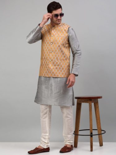 Men'S Woven Design Nehru Jacket And Kurta Pyjama Set