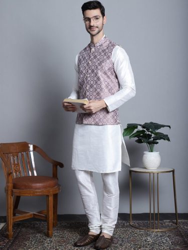 Men'S Woven Design Nehru Jacket With Kurta Pyjama Set