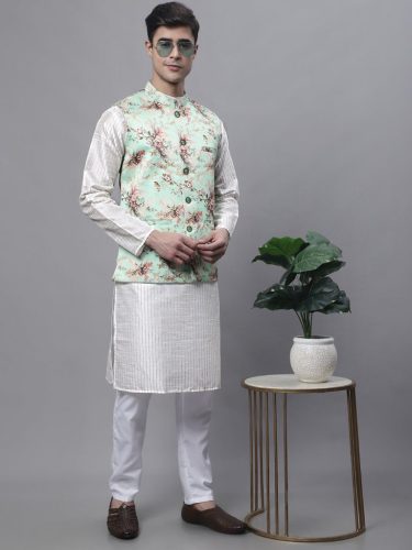 Men'S Off White Embroidered Kurta Pyjama With Lime Printed Nehru Jacket