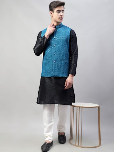 Men Black Solid Kurta Pyjama With Blue Embroidered Nehru Jacket
