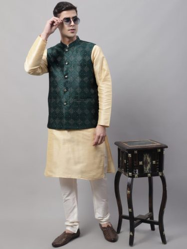 Men Golden Solid Kurta Pyjama With Olive Woven Design Nehru Jacket