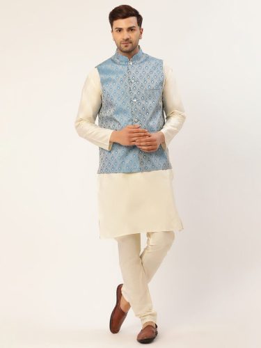 Men'S Woven Design Nehru Jacket And Kurta Pyjama Set