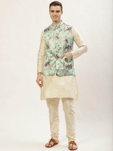 Men'S Floral Printed Nehru Jacket And Kurta Pyjama Set