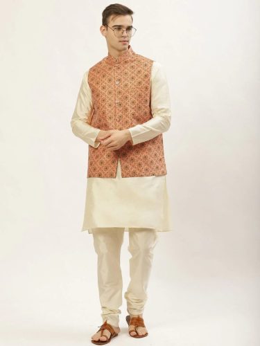 Men'S Printed Nehru Jacket And Kurta Pyjama Set( Jokpwc W-D 4031Orange )