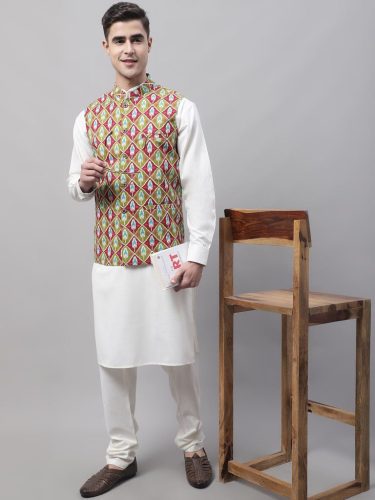 Men Off-White Solid Kurta Pyjama With Olive Printed Nehru Jacket