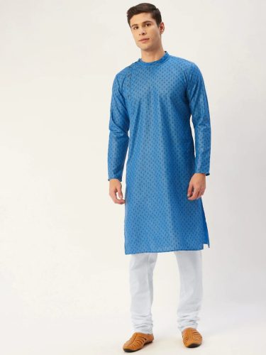 Jompers Men'S Blue Cotton Printed Kurta Pyjama Set