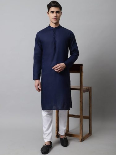 Jompers Men'S Navy Blue Cotton Striped Kurta Payjama Sets
