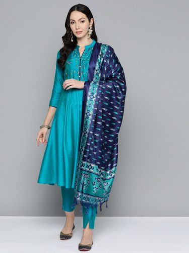 Floral Embroidered Kurta With Trousers & With Dupatta