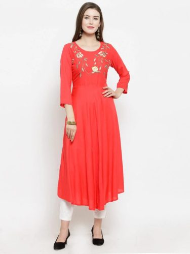 Jompers Women Peach Embroidered Flaired Kurta