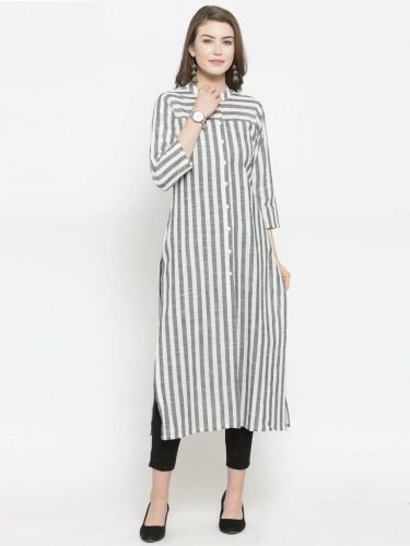 Jompers Women Grey & Off-White Striped Cotton Straight Kurta