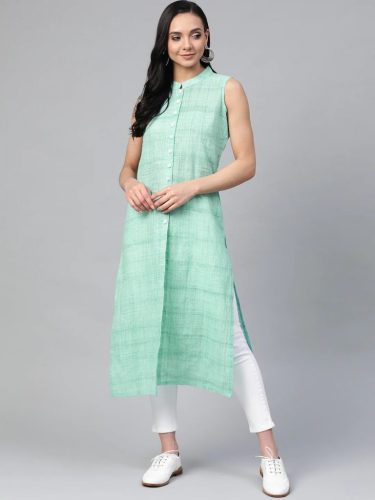 Jompers Women Green Pure Cotton Woven Design Straight Kurta