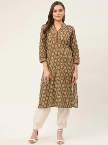 Women Brown And Olive Printed Straight Pure Cotton Kurta