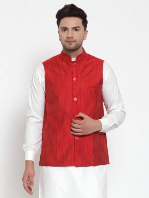 Jompers Men'S Red Woven Design Nehru Jacket