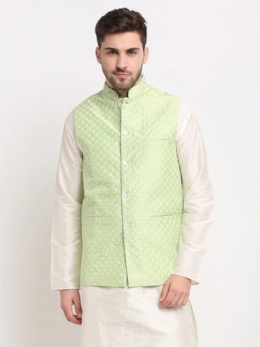 Jompers Men'S Green Green And White Embroidered Nehru Jacket