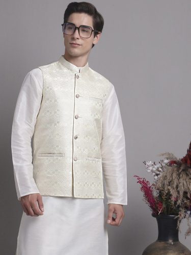 Men'S Cream Woven Design Nehru Jacket