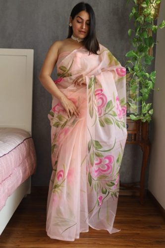 Crafts Moda'S Hand Painted Organza Saree With Blouse