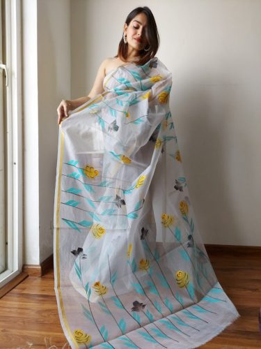 Crafts Moda'S Hand Painted Organza Saree With Blouse